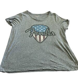 Fender Lucky Brand Women Gray Plus Size 3X Guitar Pick American Flag Graphic tee